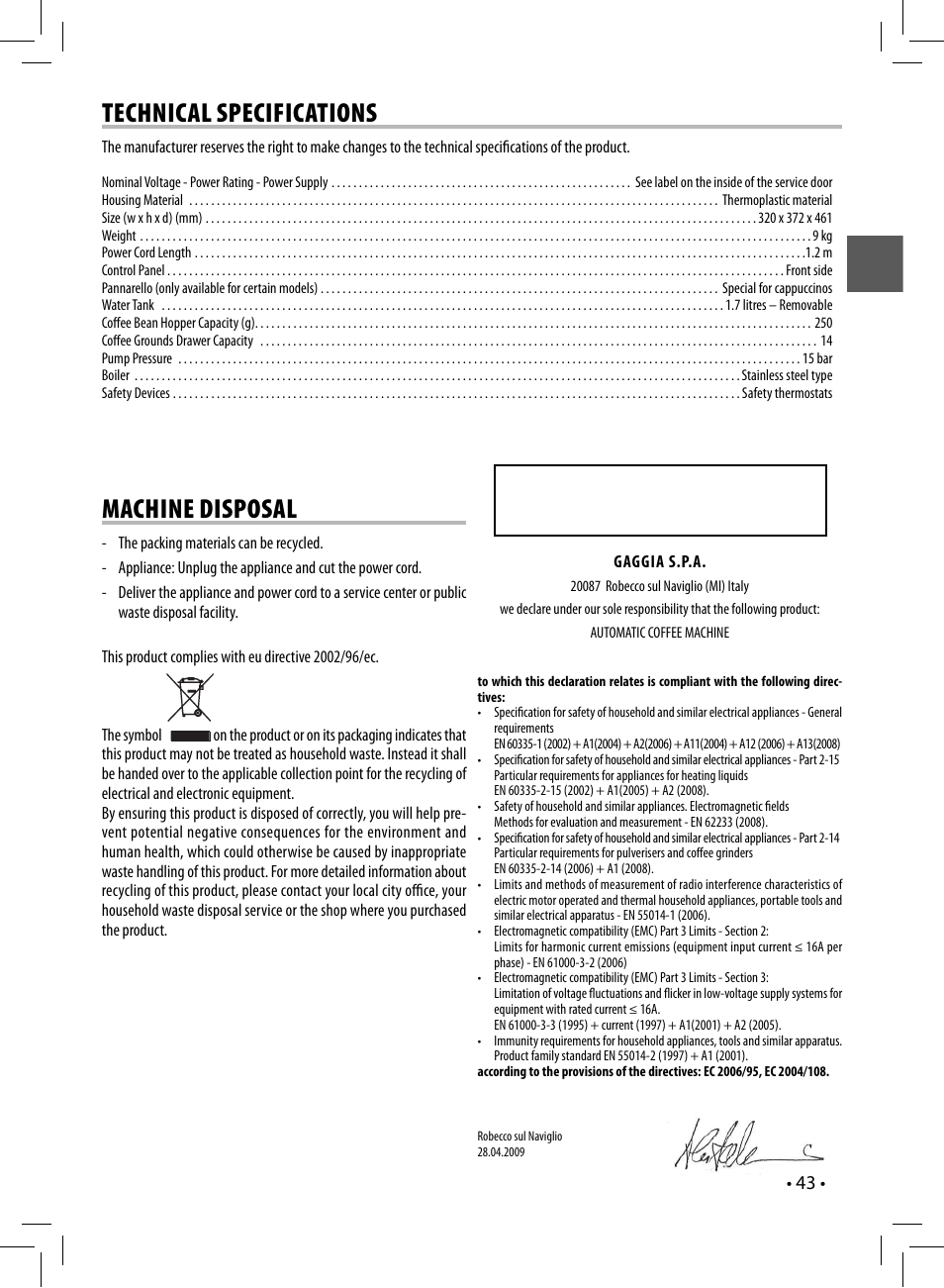 Technical specifications, Machine disposal, Sup 035g | Gaggia UNICA User Manual | Page 43 / 88