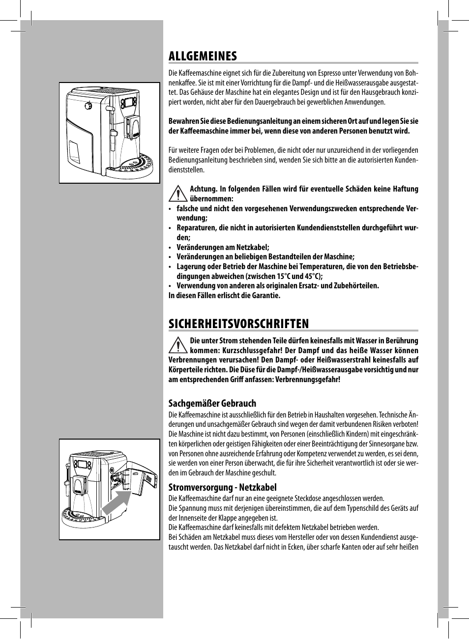 Allgemeines, Sicherheitsvorschriften | Gaggia UNICA User Manual | Page 44 / 88