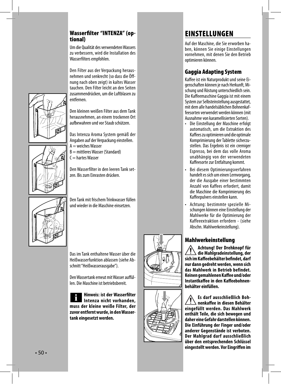 Einstellungen | Gaggia UNICA User Manual | Page 50 / 88