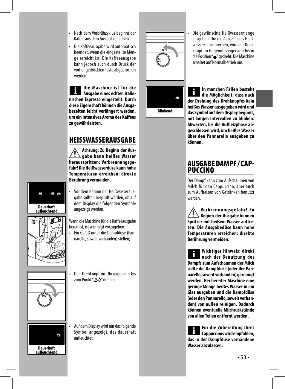 Heisswasserausgabe, Ausgabe dampf / cap puccino | Gaggia UNICA User Manual | Page 53 / 88
