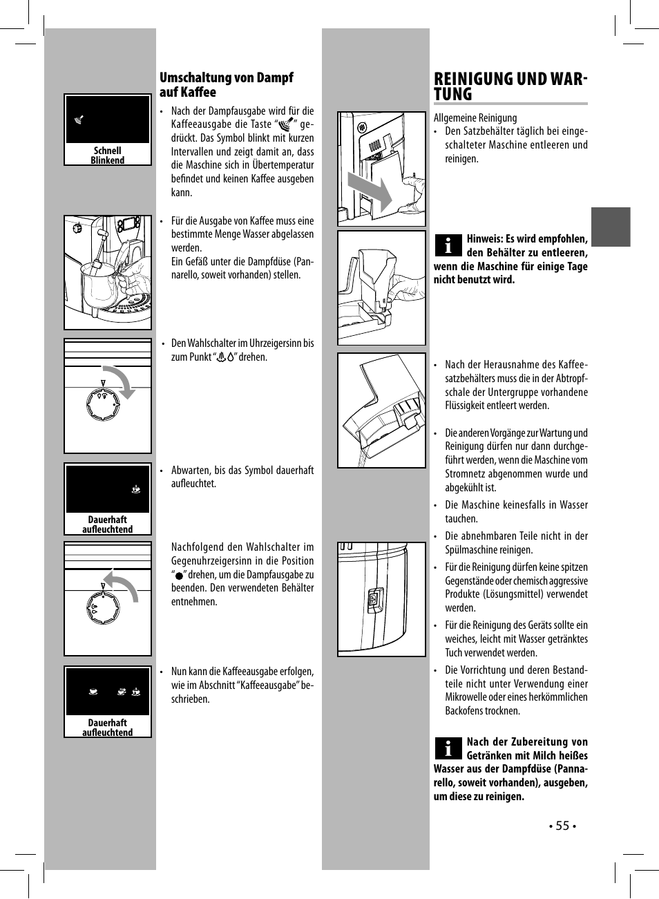 Reinigung und war tung, Umschaltung von dampf auf kaﬀ ee | Gaggia UNICA User Manual | Page 55 / 88