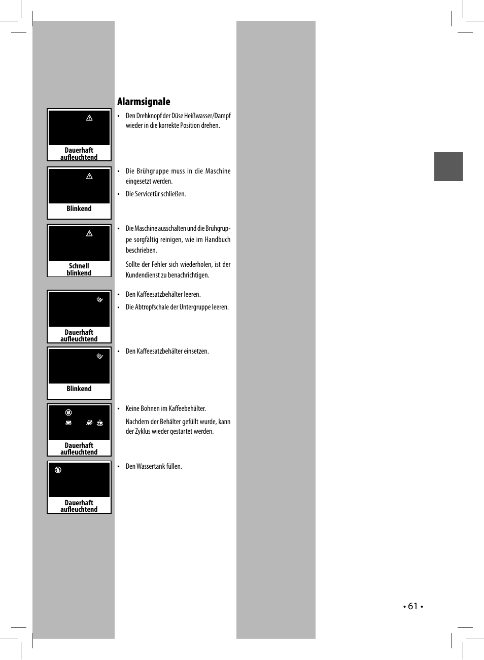 Alarmsignale | Gaggia UNICA User Manual | Page 61 / 88