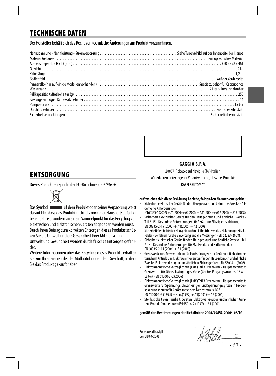 Technische daten, Entsorgung, Sup 035g | Gaggia UNICA User Manual | Page 63 / 88