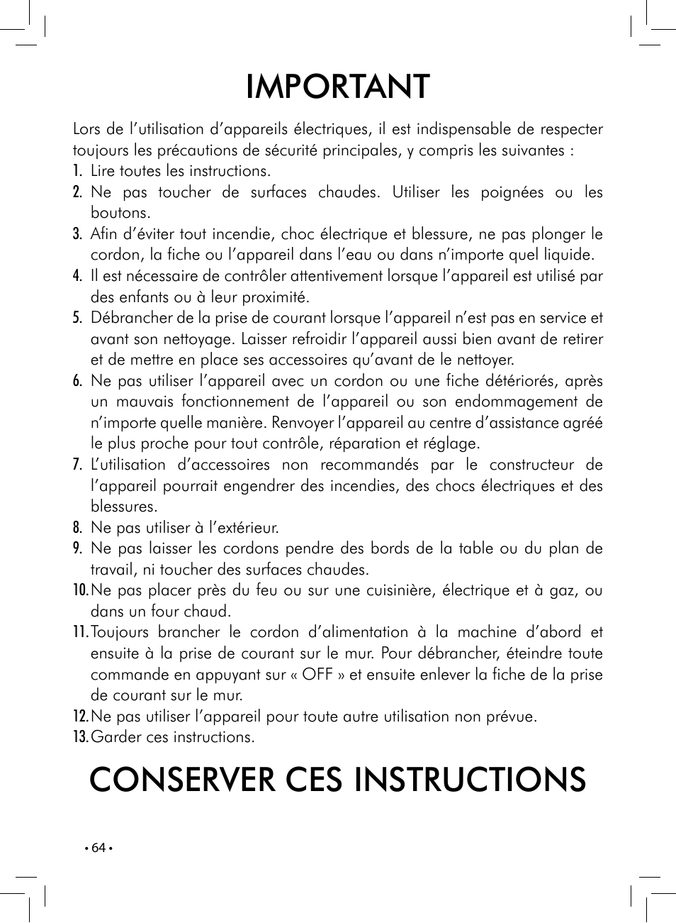 Important, Conserver ces instructions | Gaggia UNICA User Manual | Page 64 / 88