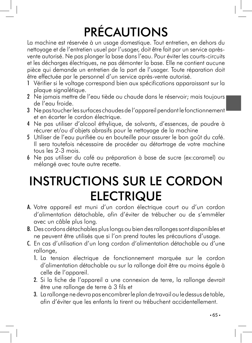 Précautions, Instructions sur le cordon electrique | Gaggia UNICA User Manual | Page 65 / 88