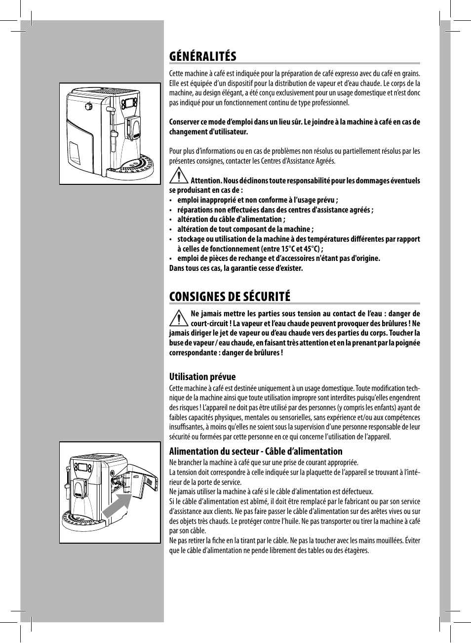 Généralités, Consignes de sécurité | Gaggia UNICA User Manual | Page 66 / 88