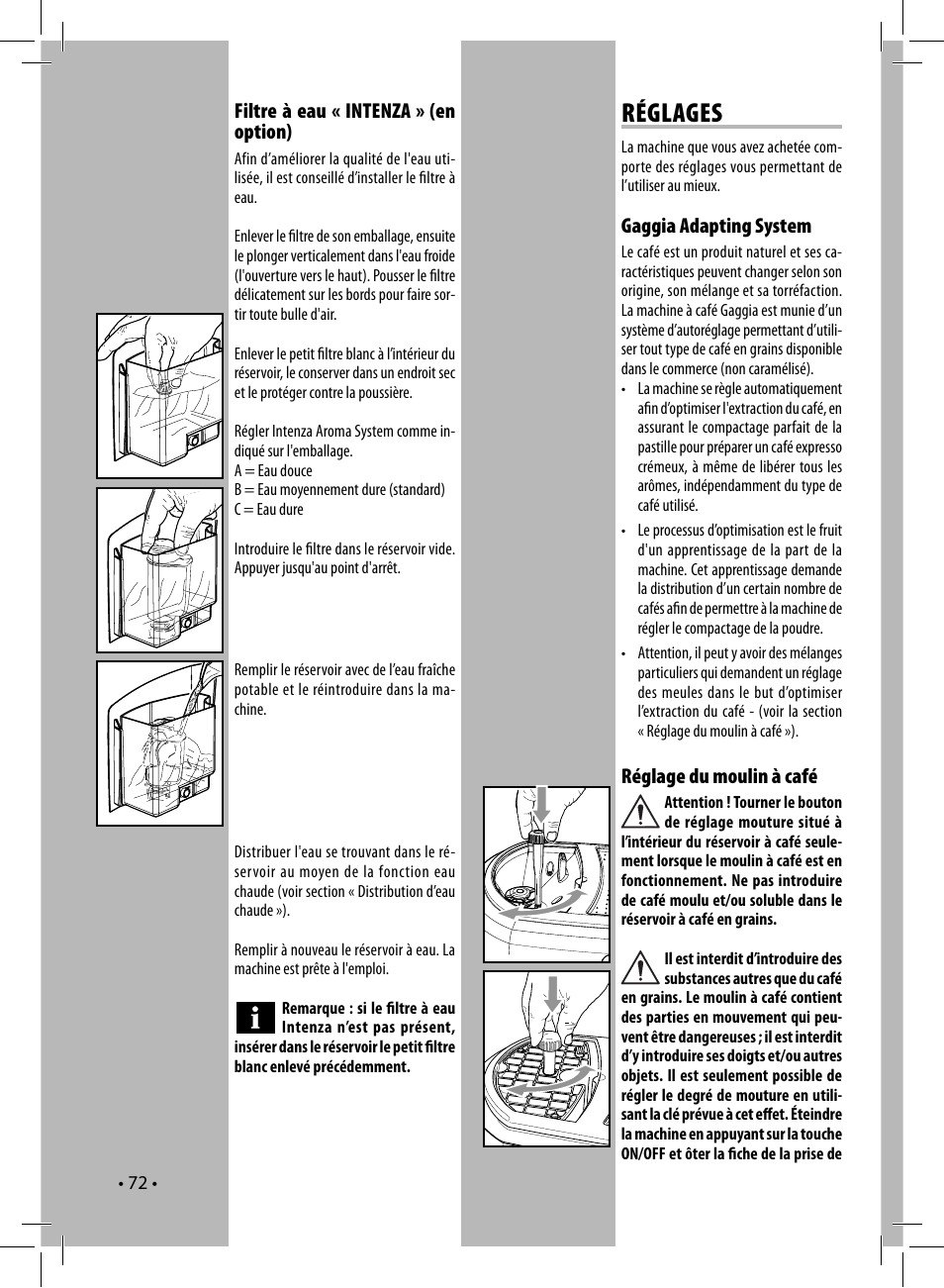 Réglages | Gaggia UNICA User Manual | Page 72 / 88