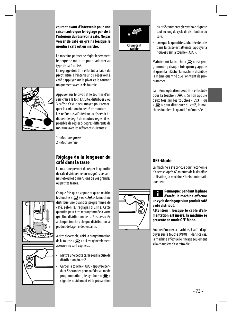 Réglage de la longueur du café dans la tasse, Off-mode | Gaggia UNICA User Manual | Page 73 / 88