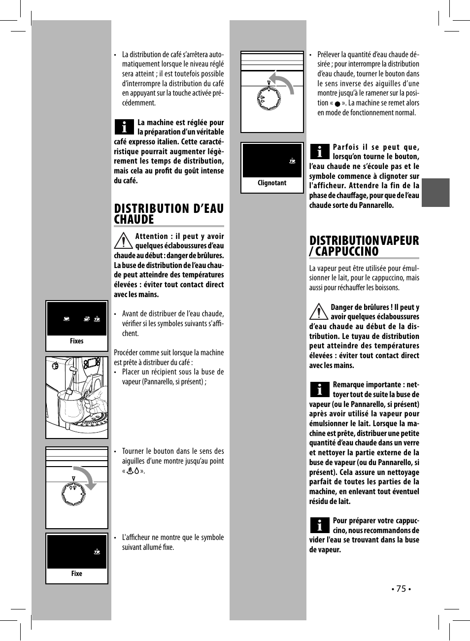 Distribution d’eau chaude, Distribution vapeur / cappuccino | Gaggia UNICA User Manual | Page 75 / 88
