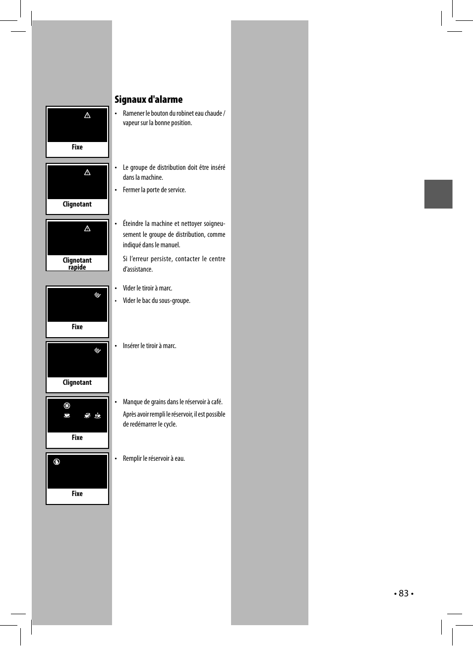 Signaux d'alarme | Gaggia UNICA User Manual | Page 83 / 88