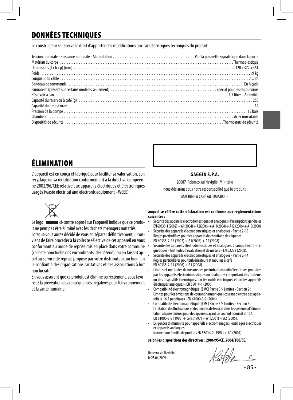 Données techniques, Élimination, Sup 035g | Gaggia UNICA User Manual | Page 85 / 88