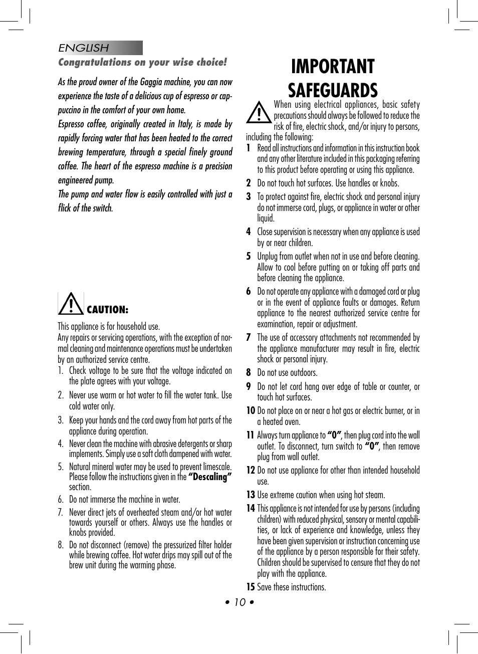 Important safeguards | Gaggia CLASSIC User Manual | Page 13 / 76
