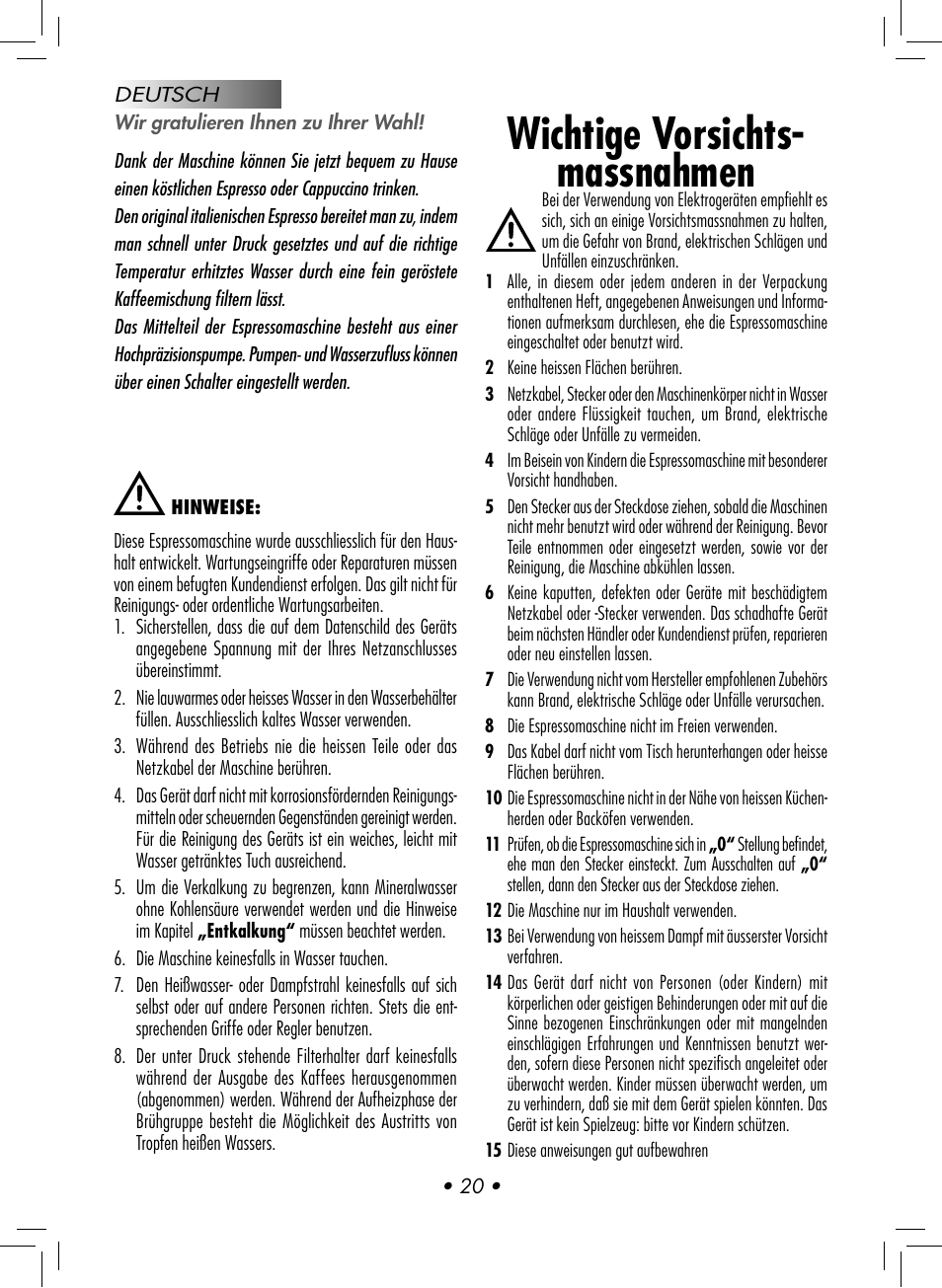 Wichtige vorsichts- massnahmen | Gaggia CLASSIC User Manual | Page 23 / 76