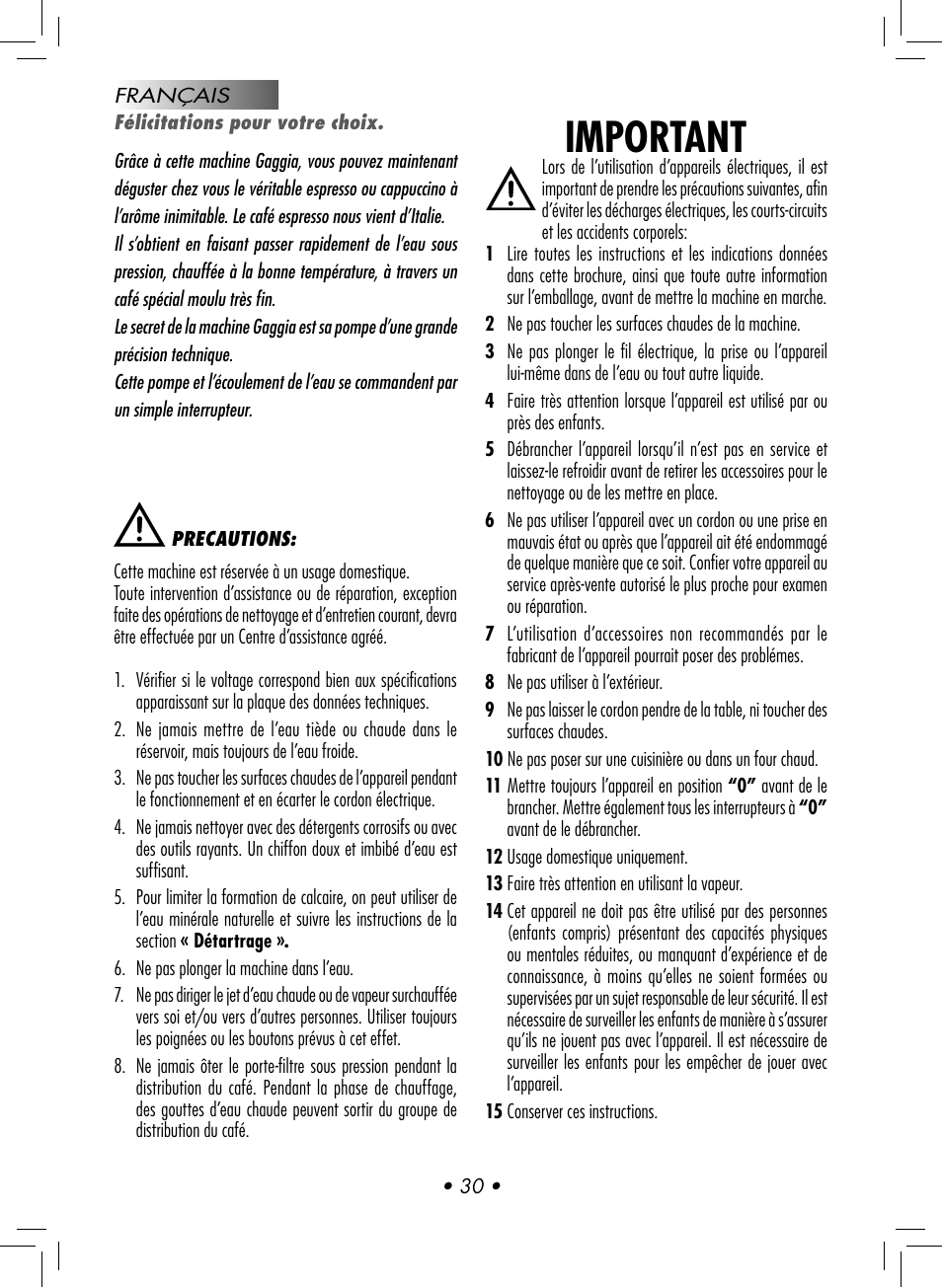Important | Gaggia CLASSIC User Manual | Page 33 / 76