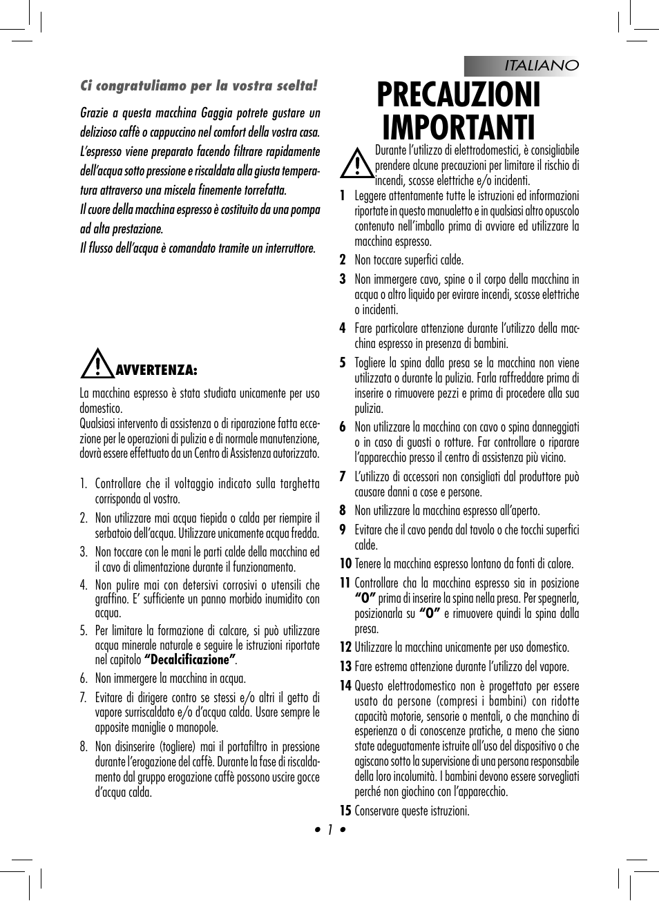 Precauzioni importanti | Gaggia CLASSIC User Manual | Page 4 / 76