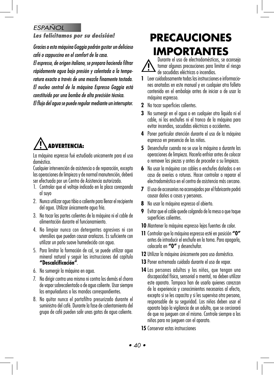 Precauciones importantes | Gaggia CLASSIC User Manual | Page 43 / 76