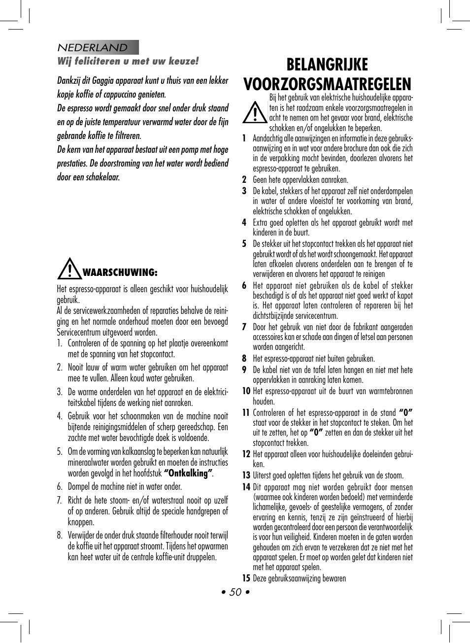 Belangrijke voorzorgsmaatregelen | Gaggia CLASSIC User Manual | Page 53 / 76