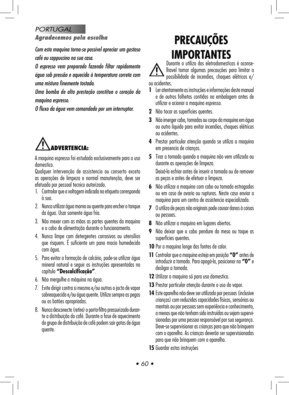 Precauções importantes | Gaggia CLASSIC User Manual | Page 63 / 76