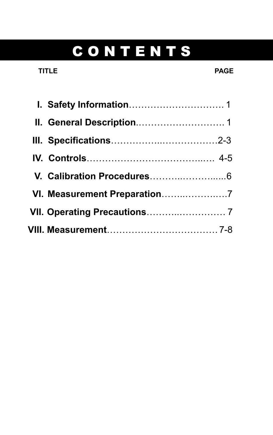 Safety information, General description, 1iii | Specifications ……………..………………2-3 iv, Controls, Calibration procedures, Measurement preparation ……..……….….7 vii, Operating precautions, 7viii. measurement | Galaxy Audio CHECK MATE CM-130 User Manual | Page 2 / 10