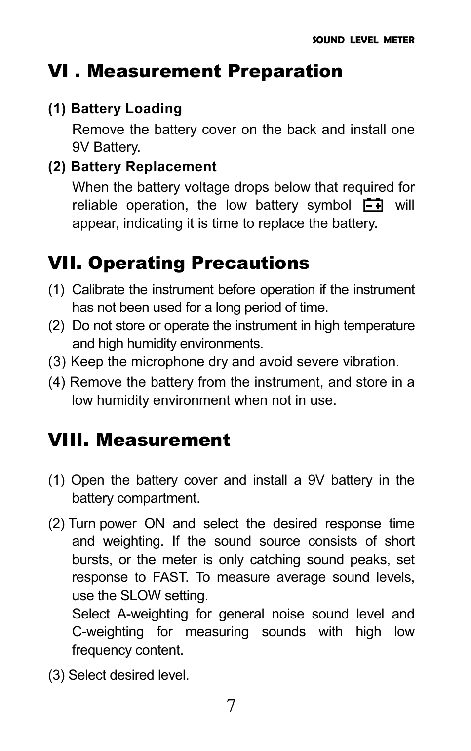 Vi . measurement preparation, Vii. operating precautions, Viii. measurement | Galaxy Audio CHECK MATE CM-130 User Manual | Page 9 / 10