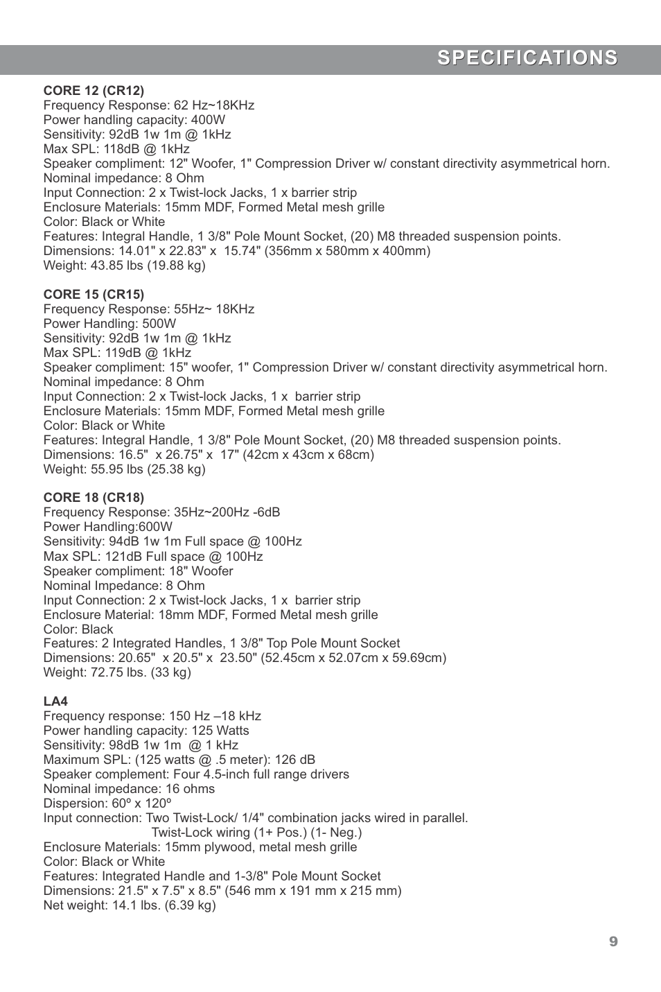 Specifications | Galaxy Audio CORE LA4 User Manual | Page 11 / 12