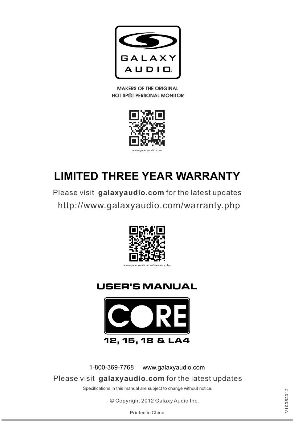 Limited three year warranty, User's manual | Galaxy Audio CORE LA4 User Manual | Page 12 / 12