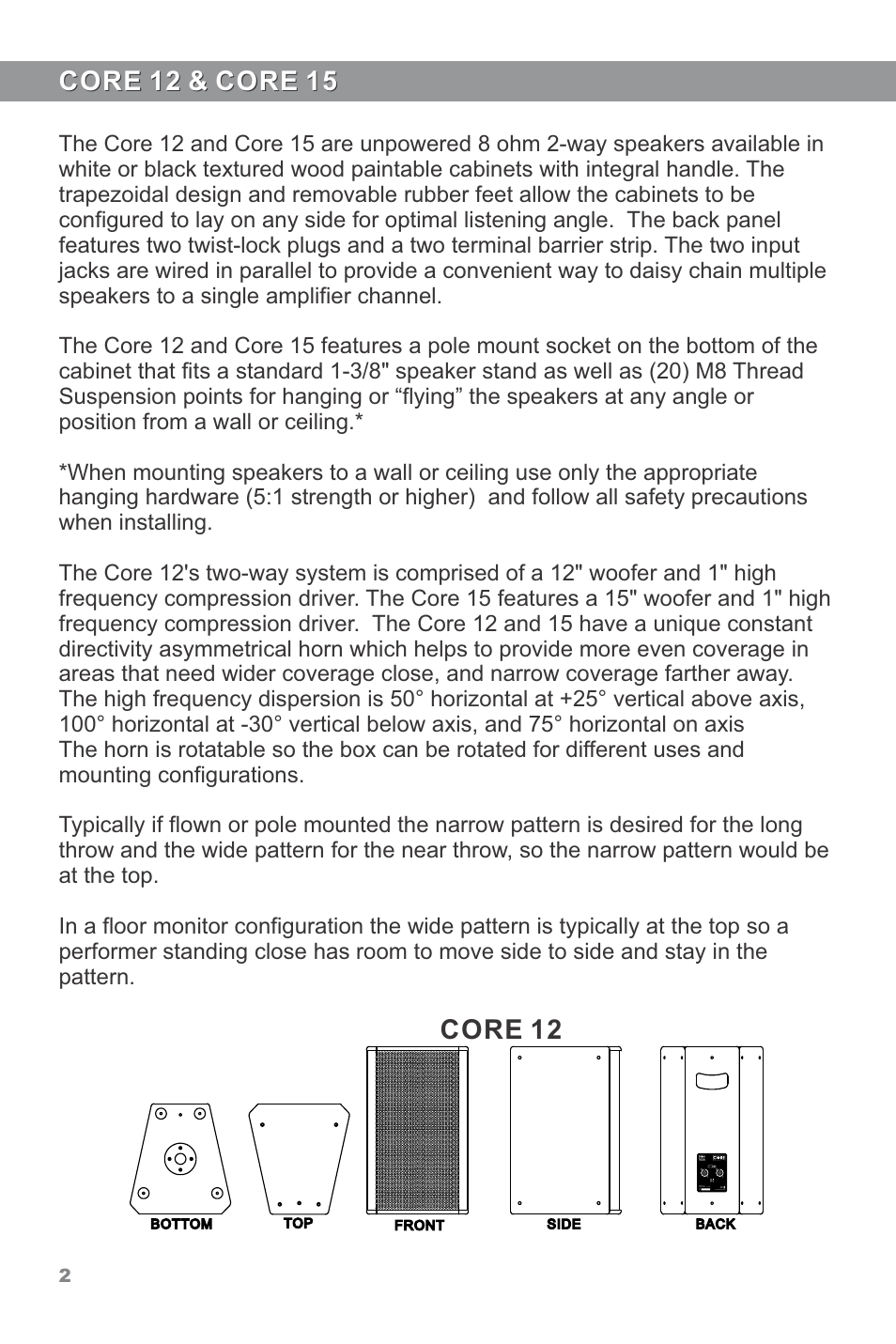 Core 12 & core 15, Core 12 | Galaxy Audio CORE LA4 User Manual | Page 4 / 12