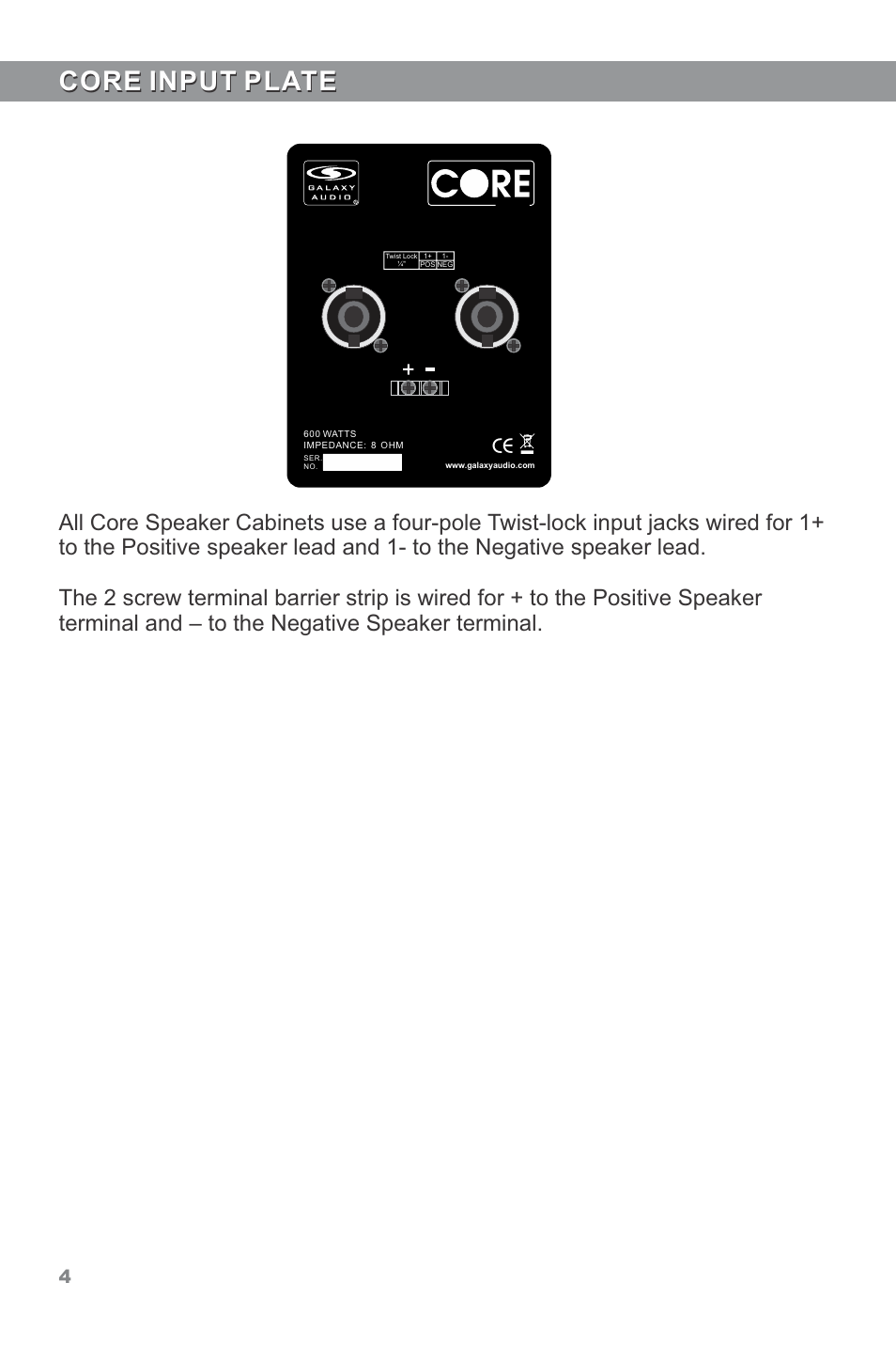 Core input plate | Galaxy Audio CORE LA4 User Manual | Page 6 / 12