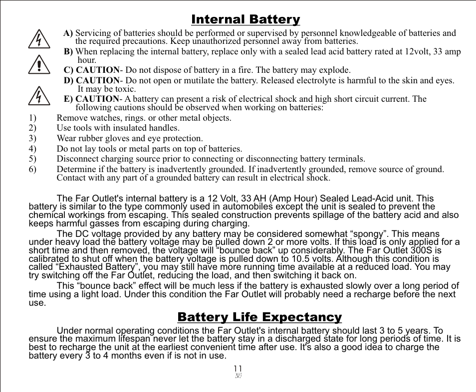 Internal battery, Battery life expectancy | Galaxy Audio FAROUTLET 300 S User Manual | Page 11 / 16