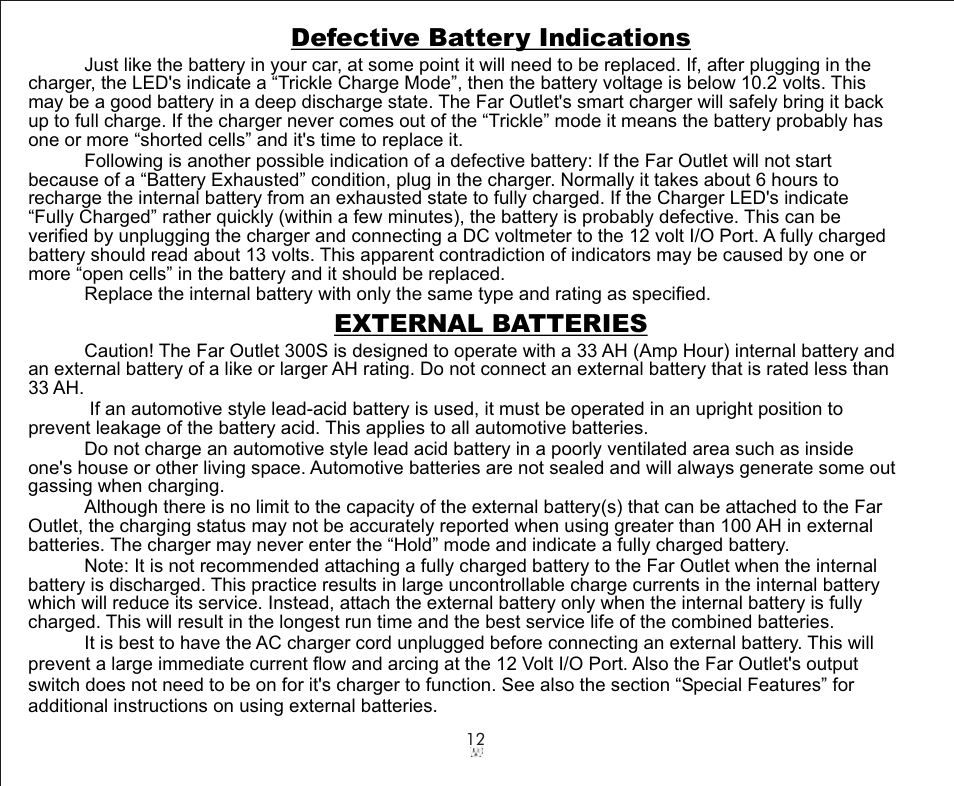 Defective battery indications, External batteries | Galaxy Audio FAROUTLET 300 S User Manual | Page 12 / 16