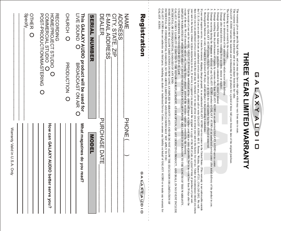 3y e a r, Re g is tr a ti o n | Galaxy Audio FAROUTLET 300 S User Manual | Page 13 / 16