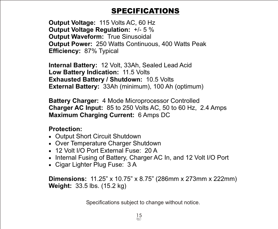 Specifications | Galaxy Audio FAROUTLET 300 S User Manual | Page 15 / 16