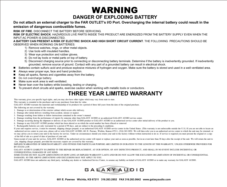 Warning, Three year limited warranty, Danger of exploding battery | Galaxy Audio FAROUTLET 300 S User Manual | Page 16 / 16