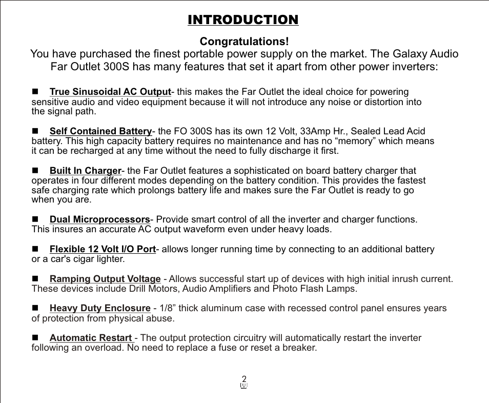 Introduction | Galaxy Audio FAROUTLET 300 S User Manual | Page 2 / 16