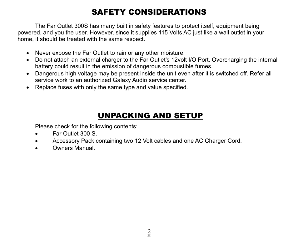 Safety considerations, Unpacking and setup | Galaxy Audio FAROUTLET 300 S User Manual | Page 3 / 16