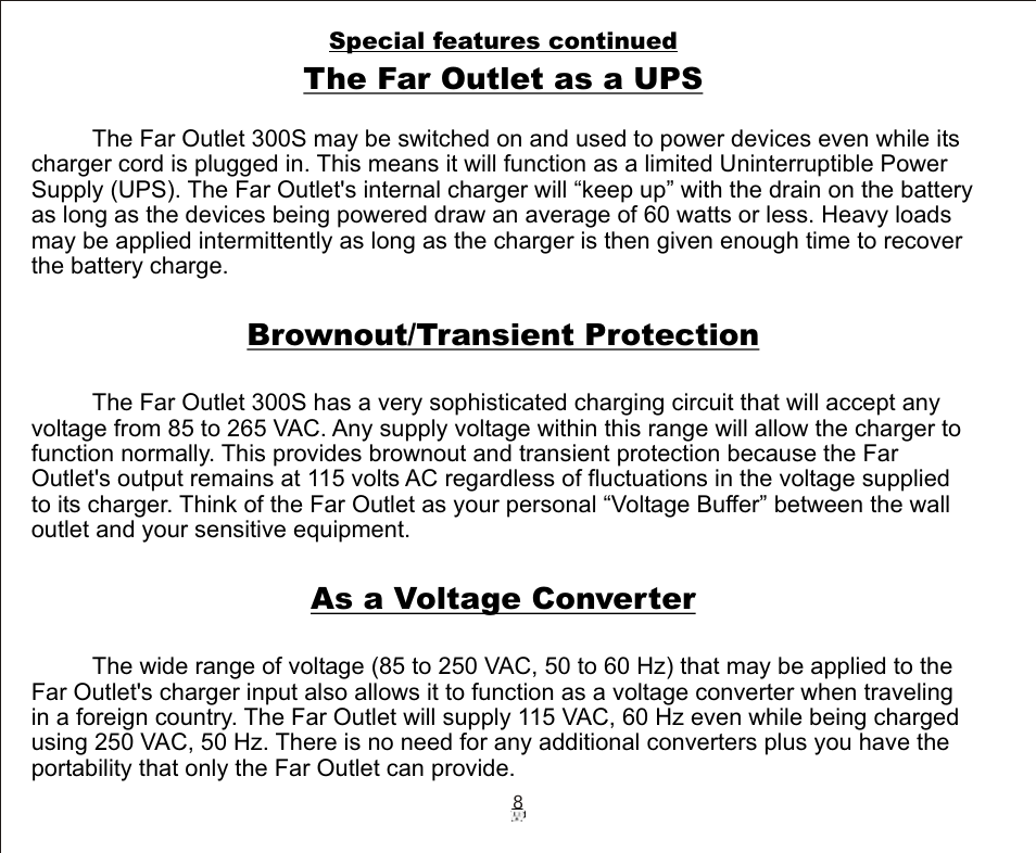 The far outlet as a ups, Brownout/transient protection, As a voltage converter | Galaxy Audio FAROUTLET 300 S User Manual | Page 8 / 16