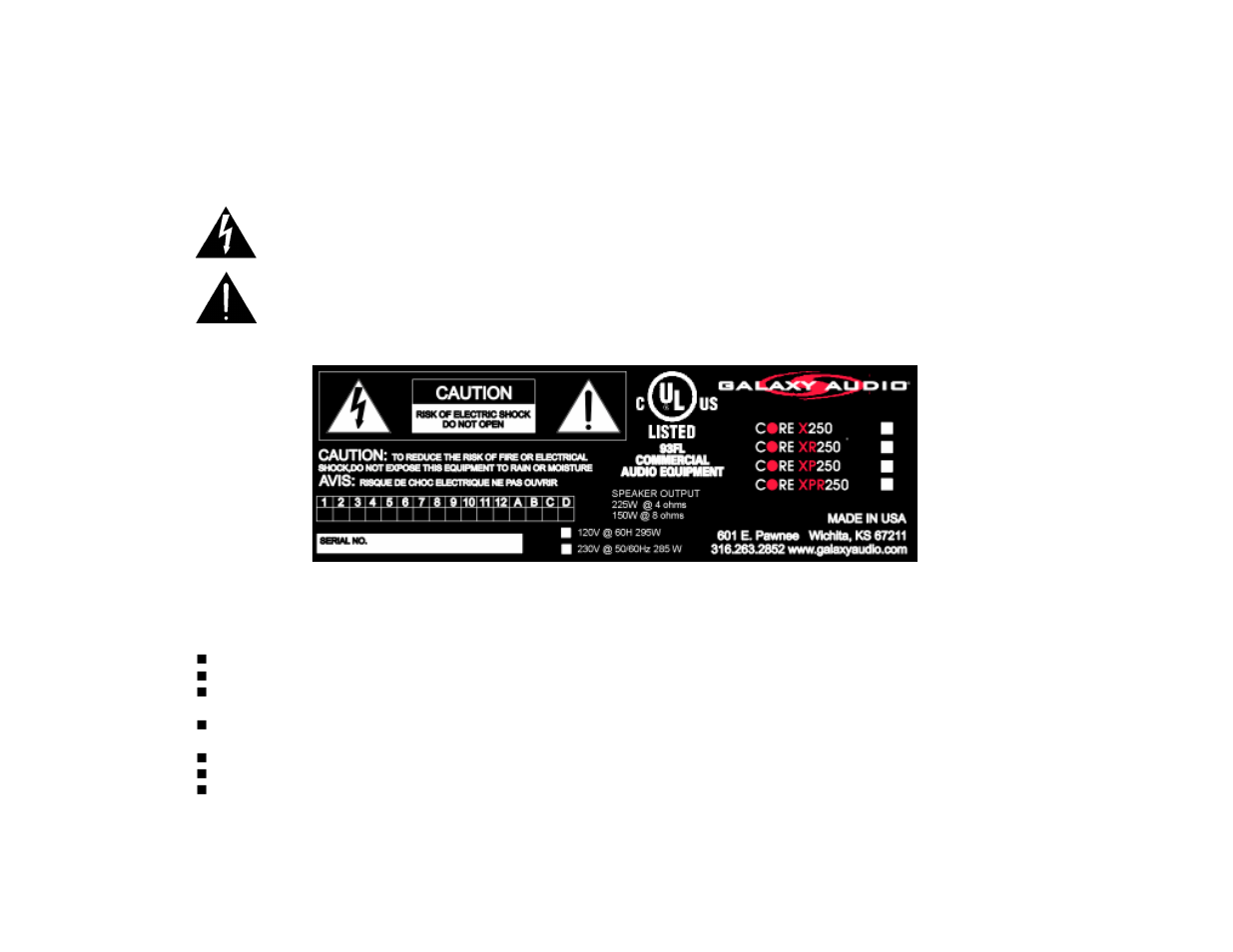 Warning | Galaxy Audio CORE XP250 User Manual | Page 2 / 16