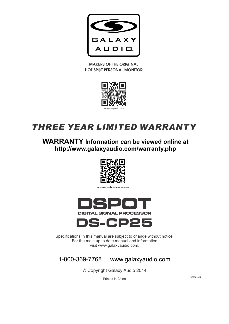 Ds-cp25, Three year limited warranty, Warranty | Galaxy Audio DS-CP25 User Manual | Page 40 / 40