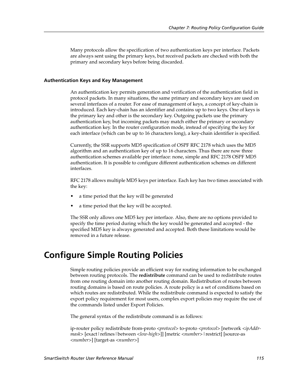 Authentication keys and key management, Configure simple routing policies | Cabletron Systems SmartSwitch Router 9032578-02 User Manual | Page 115 / 207