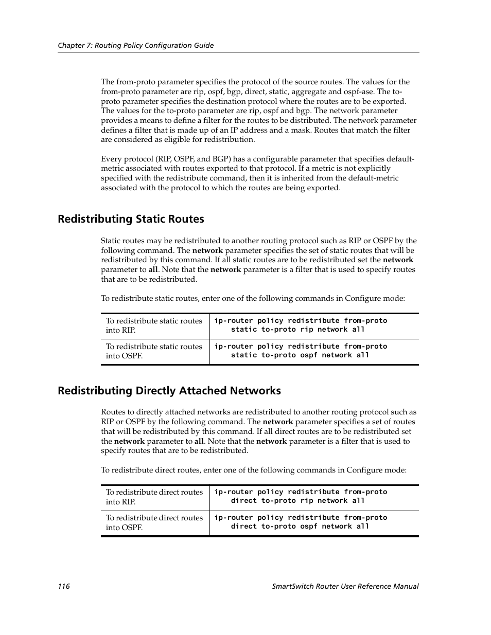 Redistributing static routes, Redistributing directly attached networks | Cabletron Systems SmartSwitch Router 9032578-02 User Manual | Page 116 / 207