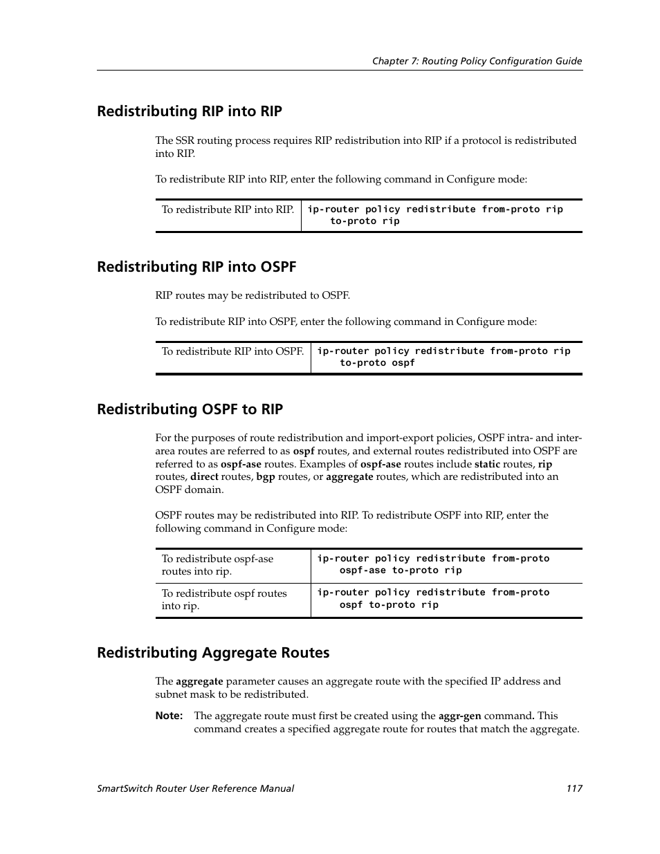 Redistributing rip into rip, Redistributing rip into ospf, Redistributing ospf to rip | Redistributing aggregate routes | Cabletron Systems SmartSwitch Router 9032578-02 User Manual | Page 117 / 207