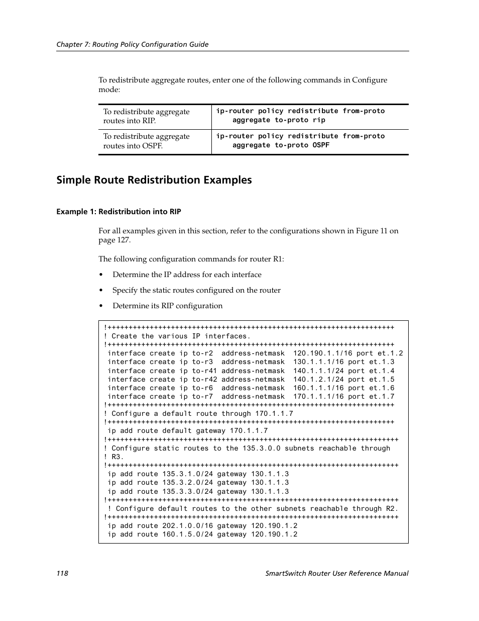 Simple route redistribution examples, Example 1: redistribution into rip | Cabletron Systems SmartSwitch Router 9032578-02 User Manual | Page 118 / 207