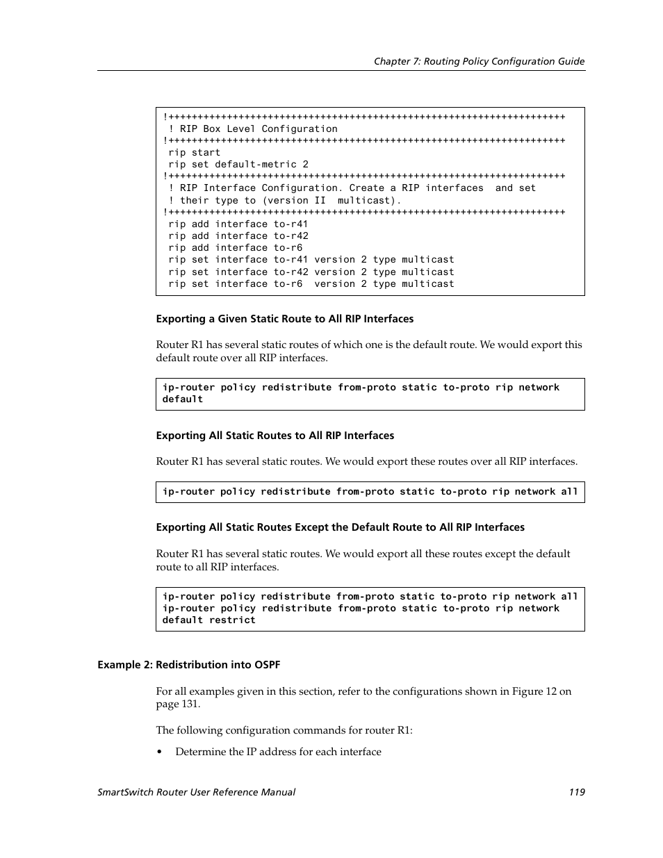 Example 2: redistribution into ospf, Interfaces | Cabletron Systems SmartSwitch Router 9032578-02 User Manual | Page 119 / 207