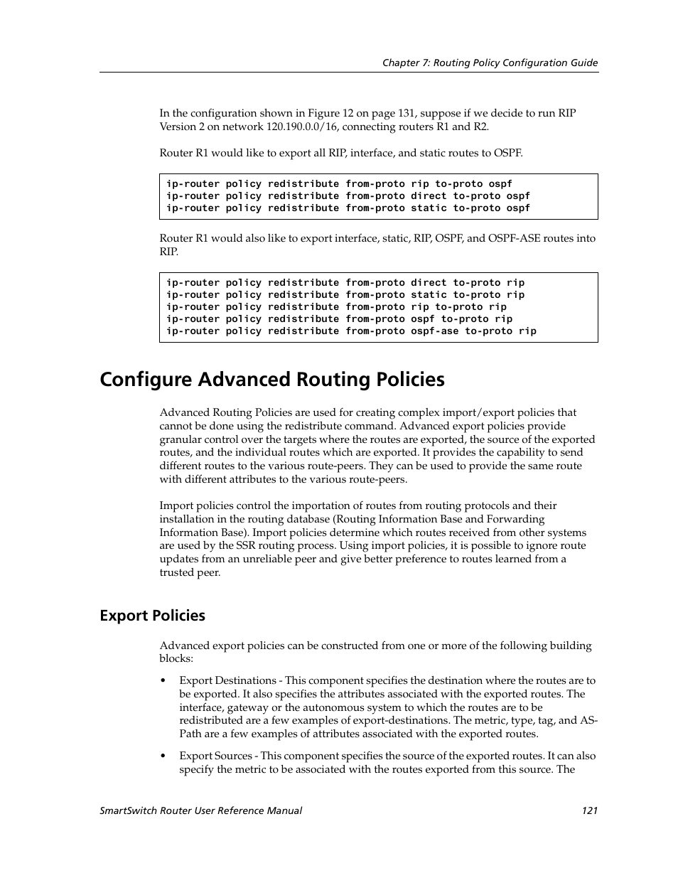 Configure advanced routing policies, Export policies | Cabletron Systems SmartSwitch Router 9032578-02 User Manual | Page 121 / 207
