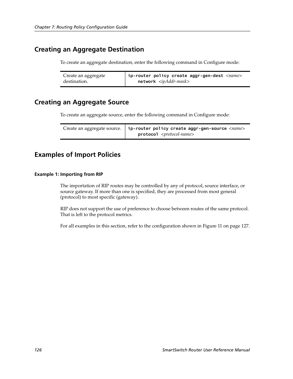 Creating an aggregate destination, Creating an aggregate source, Examples of import policies | Example 1: importing from rip | Cabletron Systems SmartSwitch Router 9032578-02 User Manual | Page 126 / 207