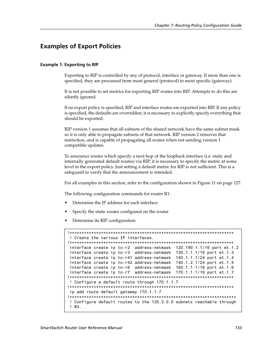 Examples of export policies, Example 1: exporting to rip | Cabletron Systems SmartSwitch Router 9032578-02 User Manual | Page 133 / 207