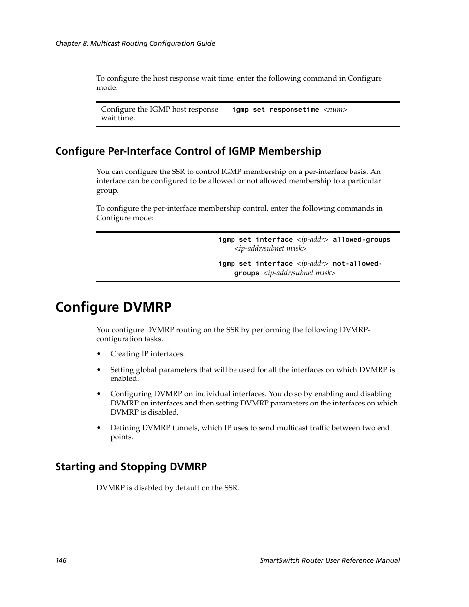 Configure per-interface control of igmp membership, Configure dvmrp, Starting and stopping dvmrp | Cabletron Systems SmartSwitch Router 9032578-02 User Manual | Page 146 / 207