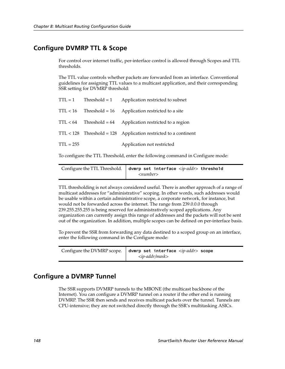 Configure dvmrp ttl & scope, Configure a dvmrp tunnel | Cabletron Systems SmartSwitch Router 9032578-02 User Manual | Page 148 / 207