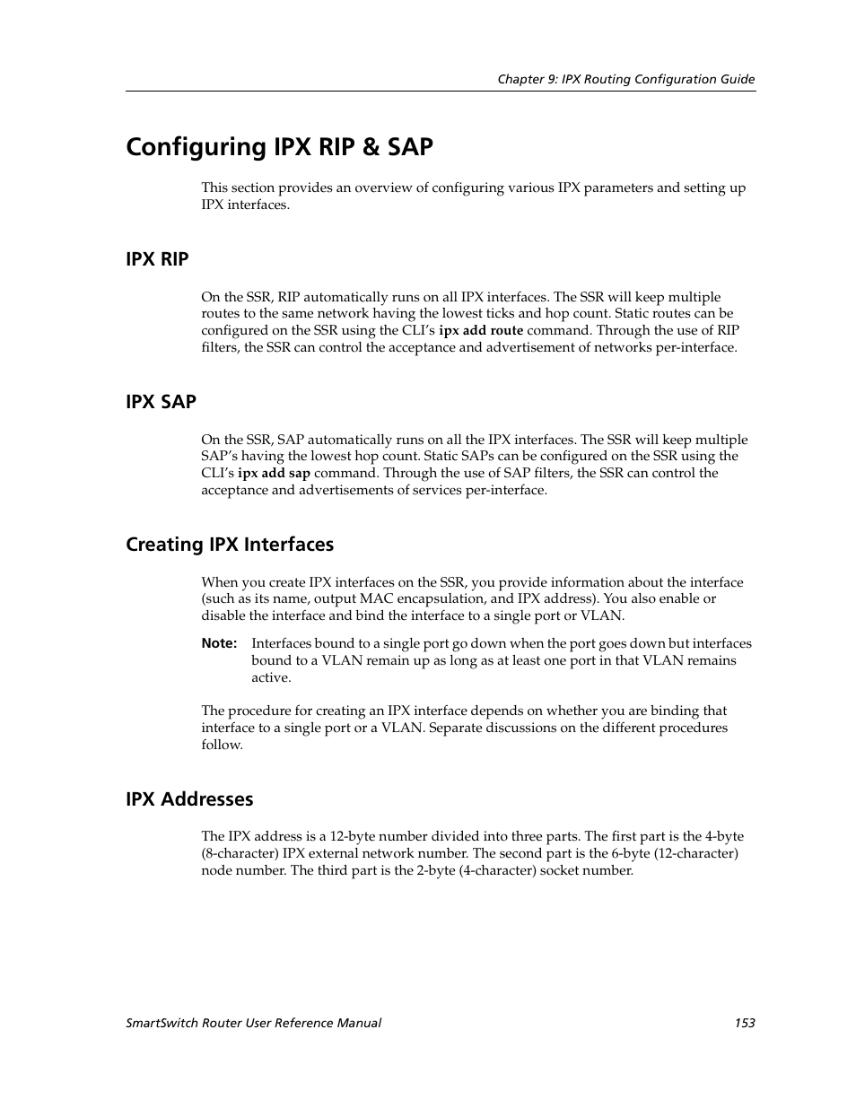 Configuring ipx rip & sap, Ipx rip, Ipx sap | Creating ipx interfaces, Ipx addresses, Ipx rip ipx sap creating ipx interfaces, Acl logging | Cabletron Systems SmartSwitch Router 9032578-02 User Manual | Page 153 / 207