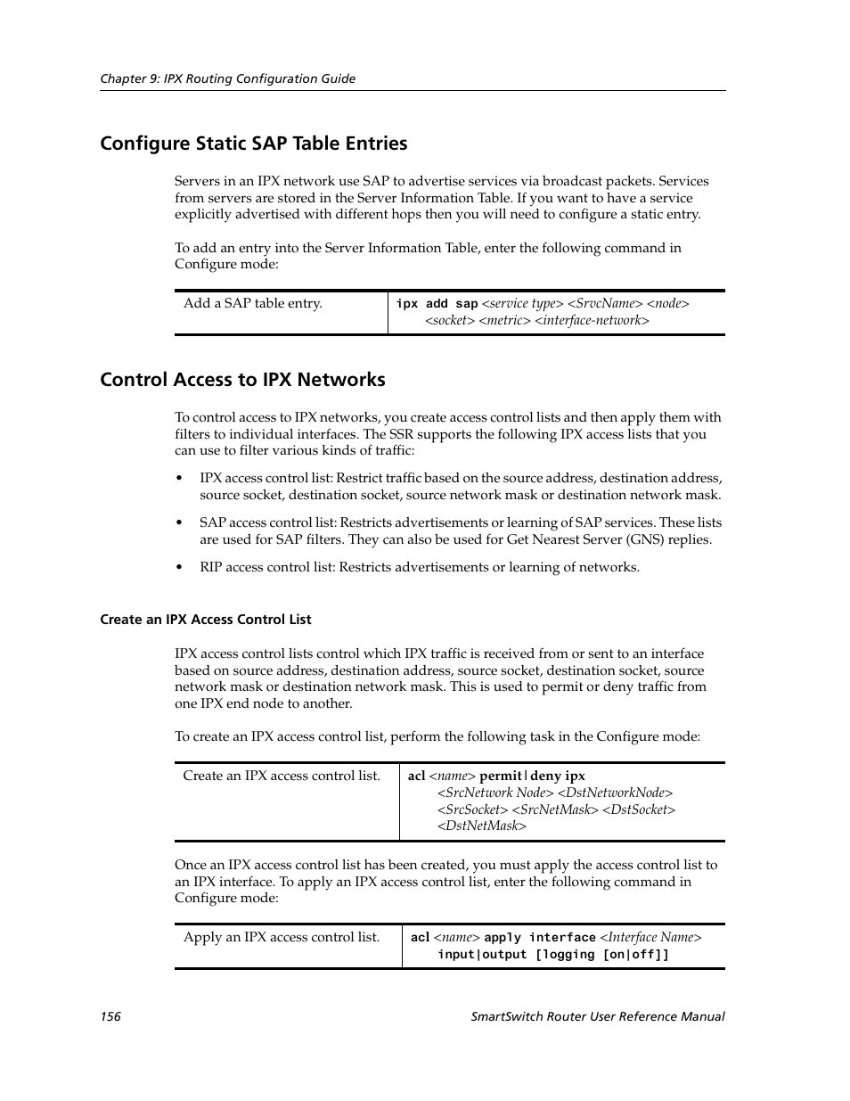 Configure static sap table entries, Control access to ipx networks, Create an ipx access control list | Cabletron Systems SmartSwitch Router 9032578-02 User Manual | Page 156 / 207